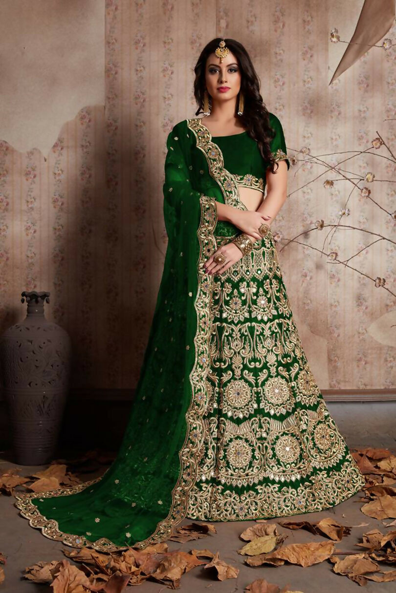 Jyoti Fashion Mesmerizing Green Sequins Embroidered Velvet Lehenga Choli with Dupatta
