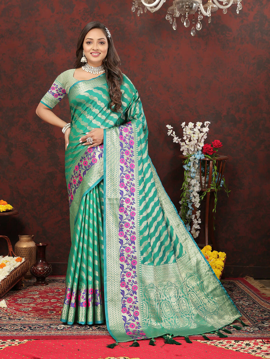 Lorenvalley Fashion Teal Soft Silk Woven Design with Zari Weaving Leheriya Design Saree