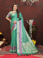 Lorenvalley Fashion Teal Soft Silk Woven Design with Zari Weaving Leheriya Design Saree