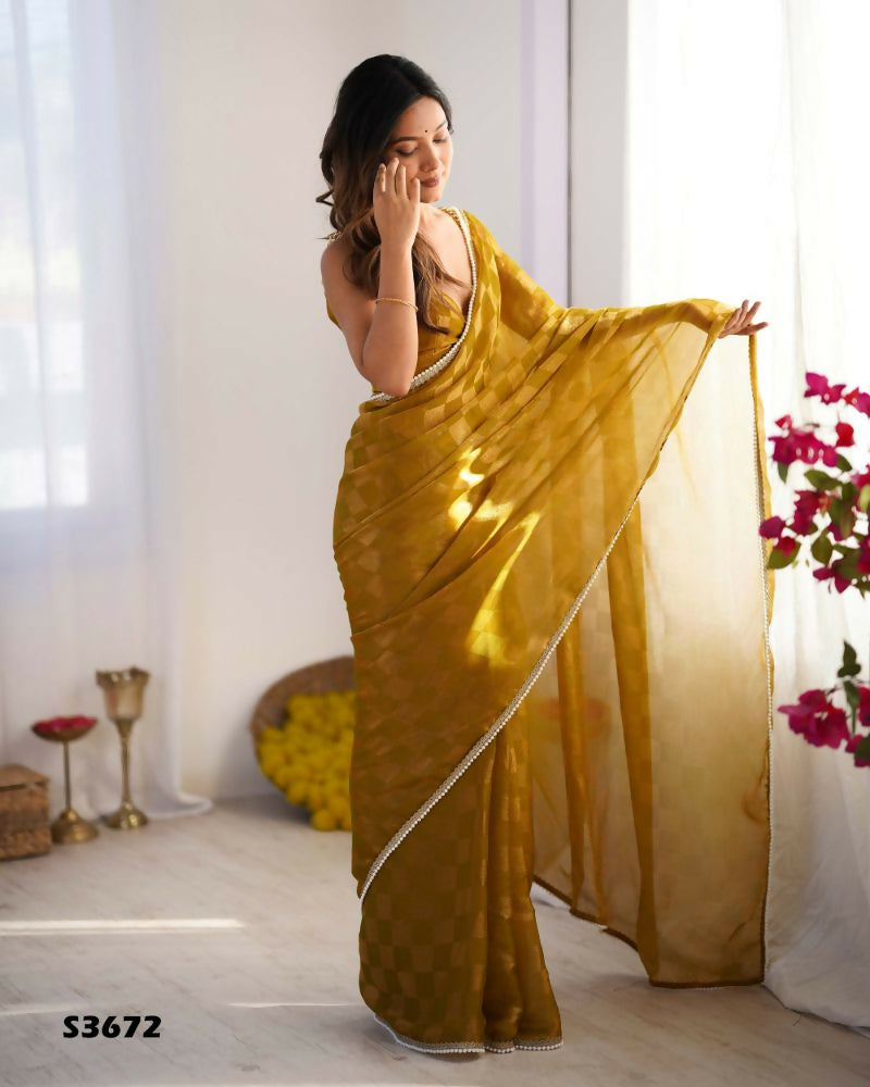 NC Chiffon Chex Wevon Chex Designer, Lace Party Wear Saree - Mustard