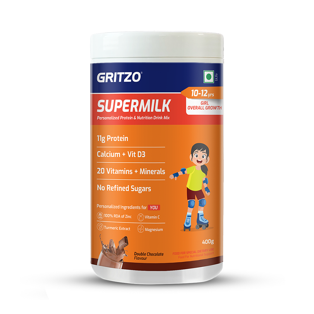 Gritzo SuperMilk Overall Growth (7-12y Girls), Zero Refined Sugar, 21 Vitamins & Minerals