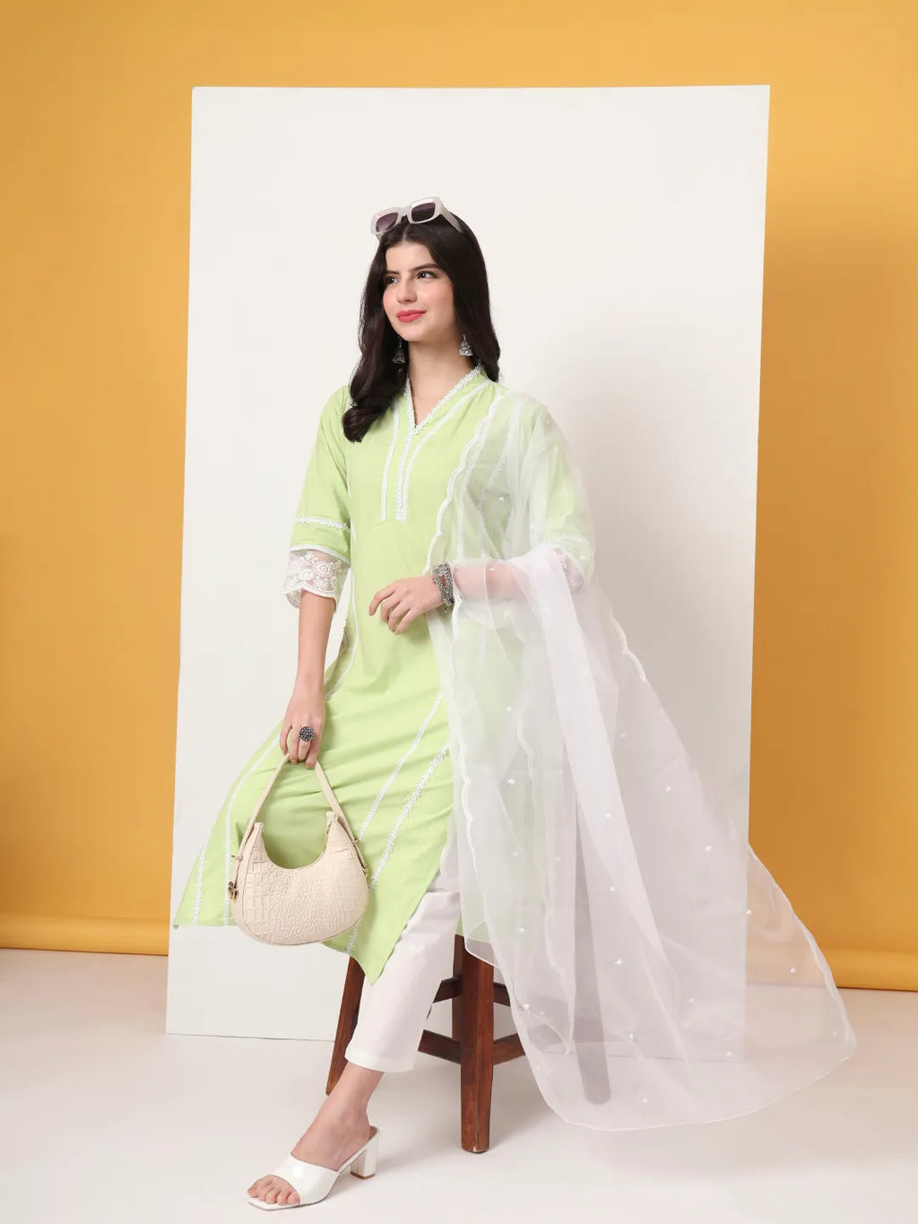 Yufta Premium Cotton Poplin Green Kurta Dupatta Pant Set - Distacart