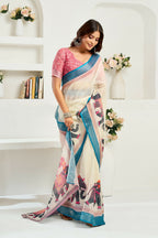 Vastranavya Cream Digital Printed Linen Ready To Wear Designer Saree with Unstitched Blouse - Distacart