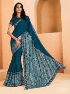 Teal Satin Crepe Silk Sequence Embroidered Saree With Unstitched Blouse - Mohmanthan Yavanika