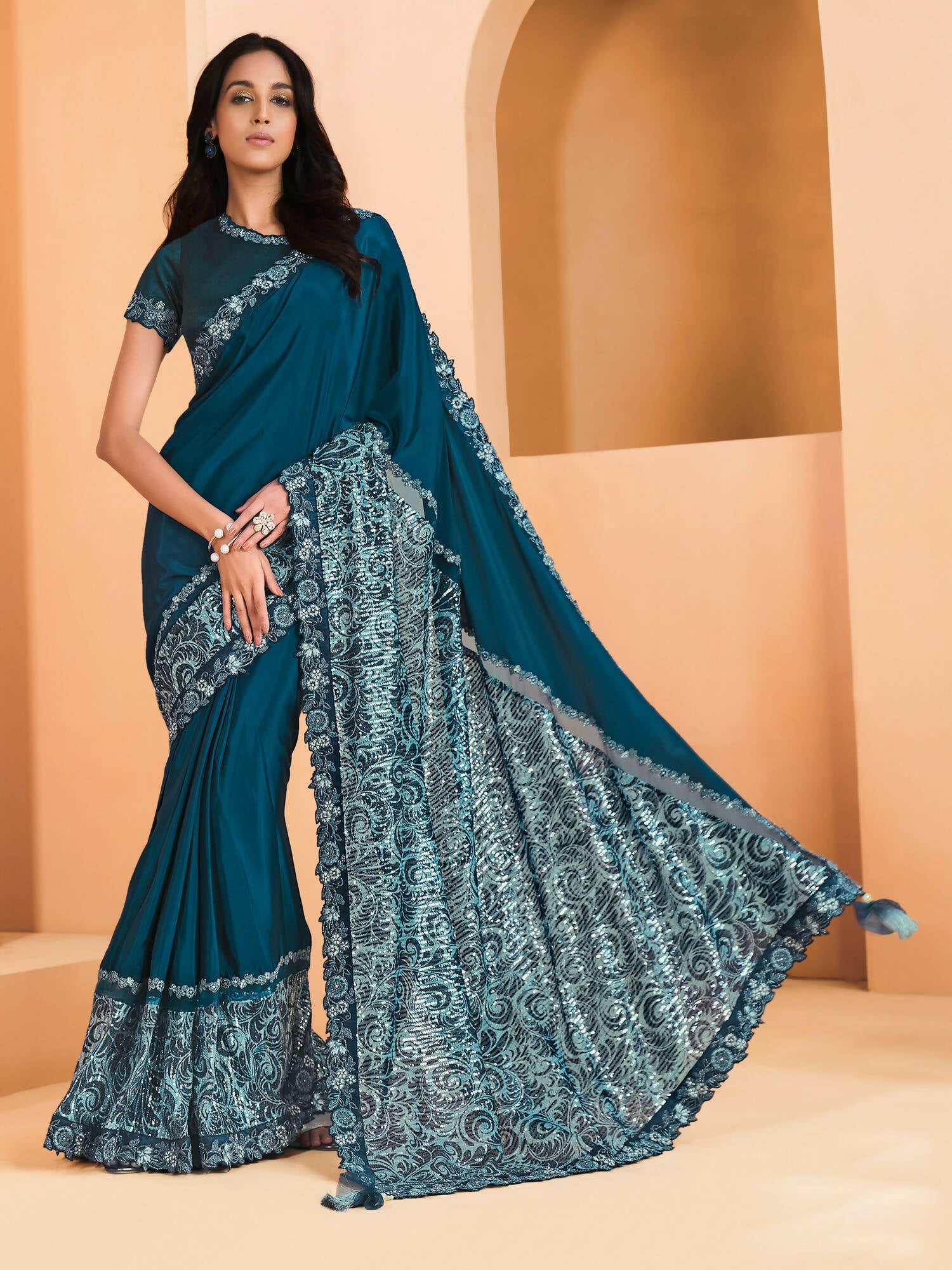 Teal Satin Crepe Silk Sequence Embroidered Saree With Unstitched Blouse - Mohmanthan Yavanika