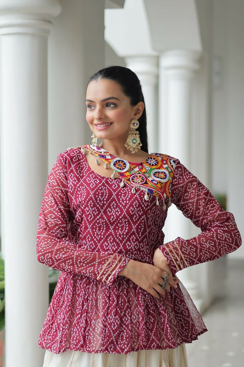 Teeya Creation Wine And White Colour Cotton Printed Navratri Lehenga Choli