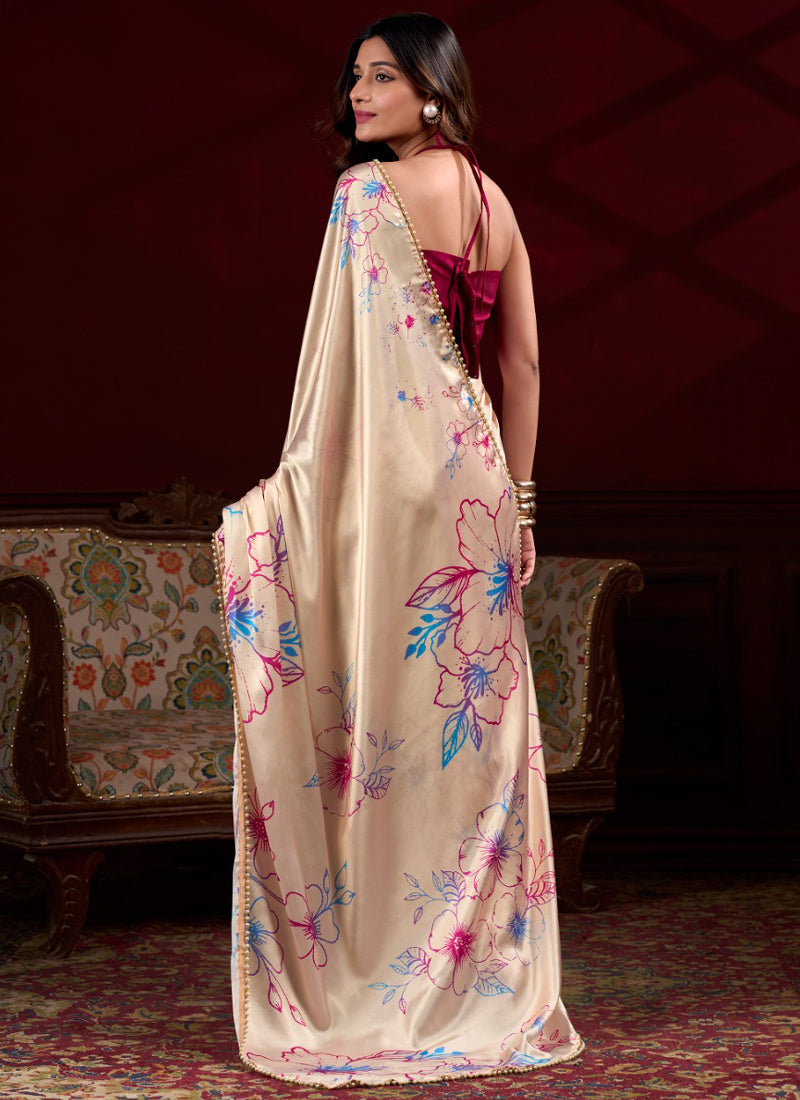 Vegaa Fashion Cream Japan Satin With Pearl Lace Printed Designer Saree - Distacart