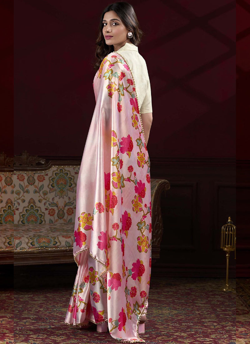 Vegaa Fashion Light Pink Japan Satin With Pearl Lace Printed Designer Saree - Distacart