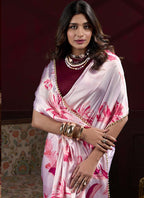 Vegaa Fashion Light Pink Japan Satin With Pearl Lace Printed Designer Saree - Distacart