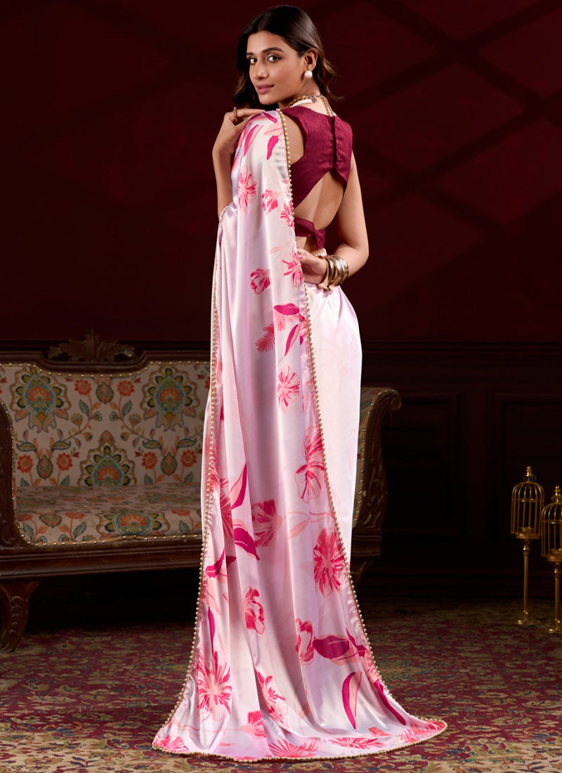Vegaa Fashion Light Pink Japan Satin With Pearl Lace Printed Designer Saree - Distacart