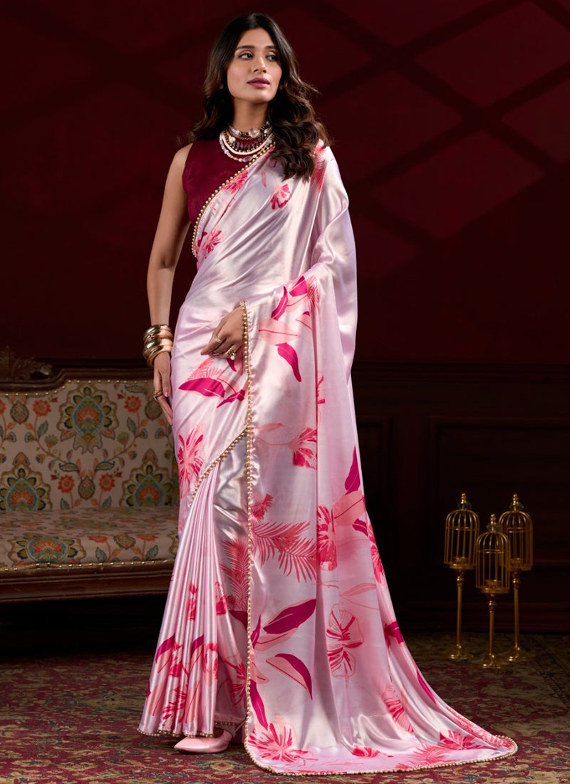 Vegaa Fashion Light Pink Japan Satin With Pearl Lace Printed Designer Saree - Distacart