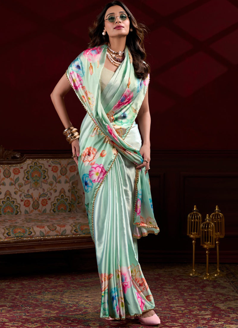 Vegaa Fashion Sea Green Japan Satin With Pearl Lace Printed Designer Saree - Distacart