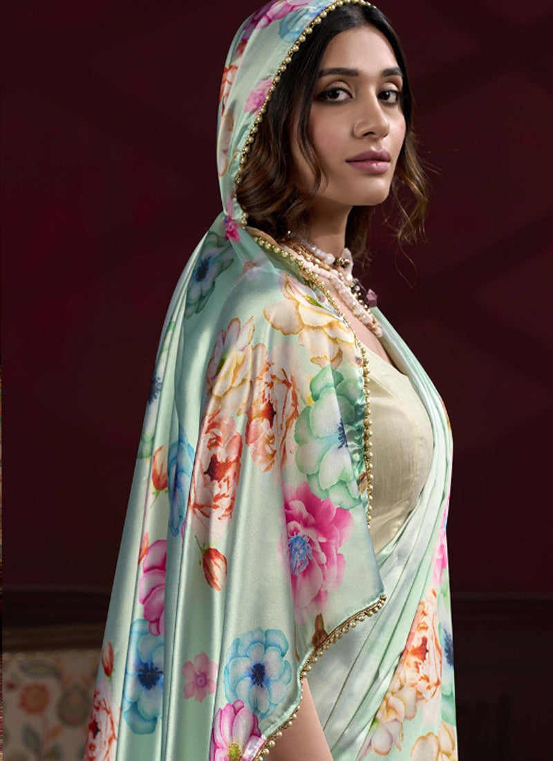 Vegaa Fashion Sea Green Japan Satin With Pearl Lace Printed Designer Saree - Distacart