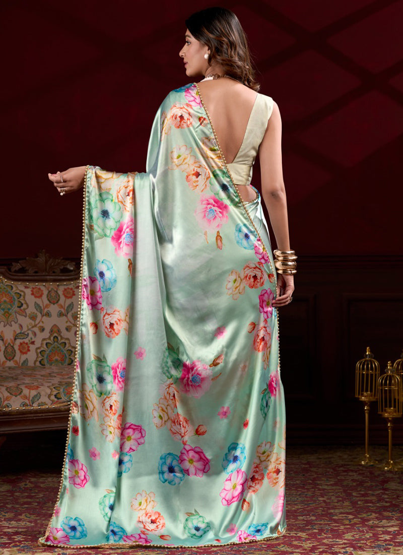 Vegaa Fashion Sea Green Japan Satin With Pearl Lace Printed Designer Saree - Distacart