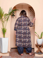Miravan Womens Plus Size Cotton Floral Printed Shirt-Collar Straight Kurta and Palazzo set