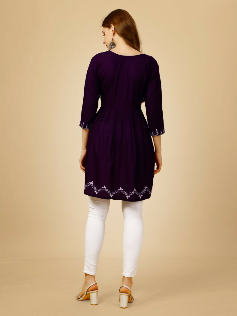 Jyoti Fashion Women's Purple Viscose Rayon Embroidered Casual Top