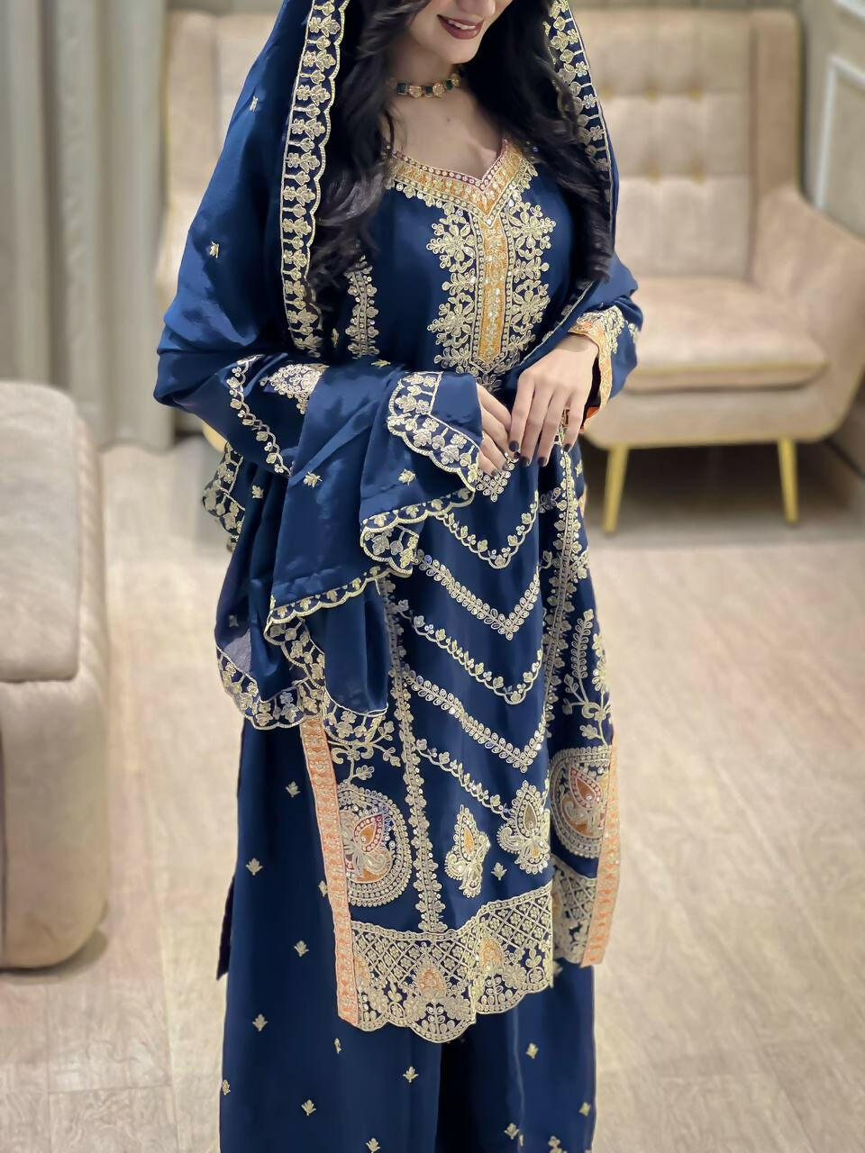 Teeya Creation Blue Color Chinon Silk Party Wear Trending Palazzo Set - Distacart