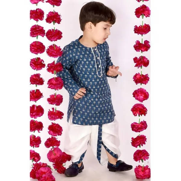 Little Bansi Girls Indigo and White Cplor Bengali Kantha work floral kurta with Dhoti