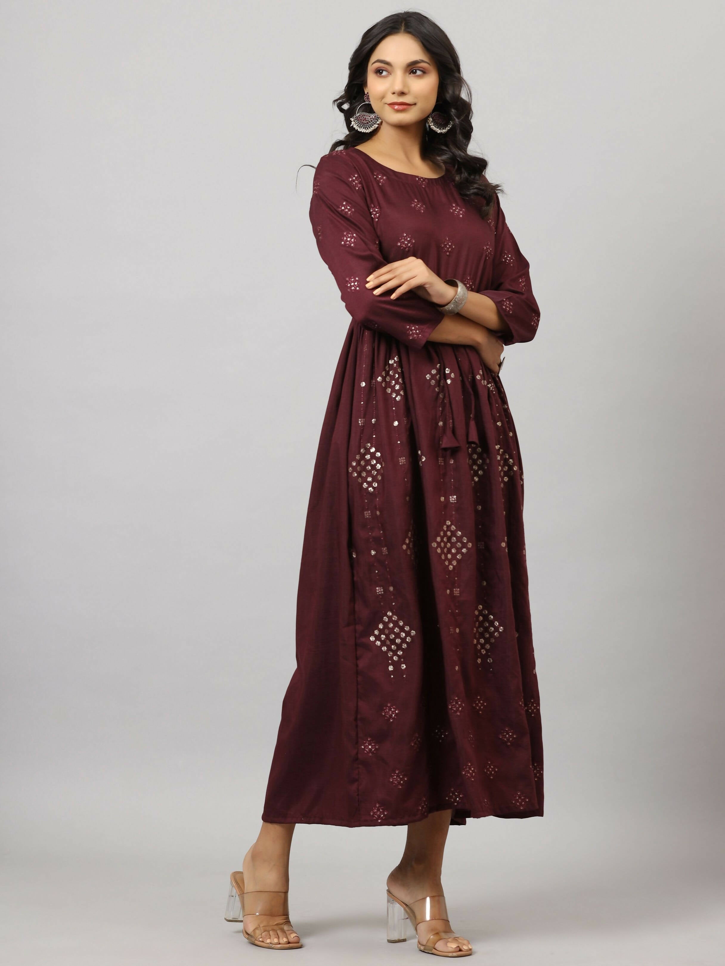 Juniper Women's Mauve Festive Printed Flared Dress - Distacart