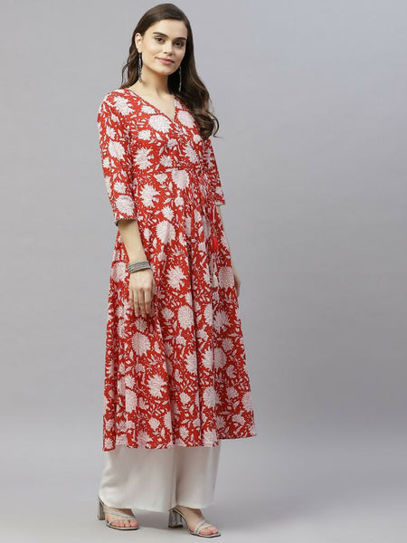 Miravan Women's Cotton Floral Printed Anarkali Kurta With Dupatta