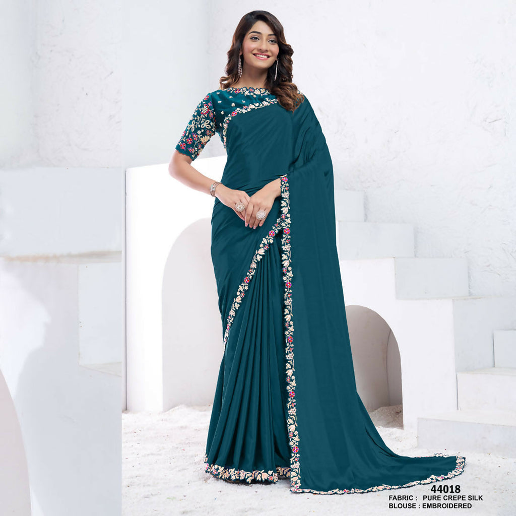 Teal Pure Crepe Silk Dual Sequence With Hand Work Saree With Unstitched Blouse - Norita Swaraa