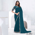 Teal Pure Crepe Silk Dual Sequence With Hand Work Saree With Unstitched Blouse - Norita Swaraa