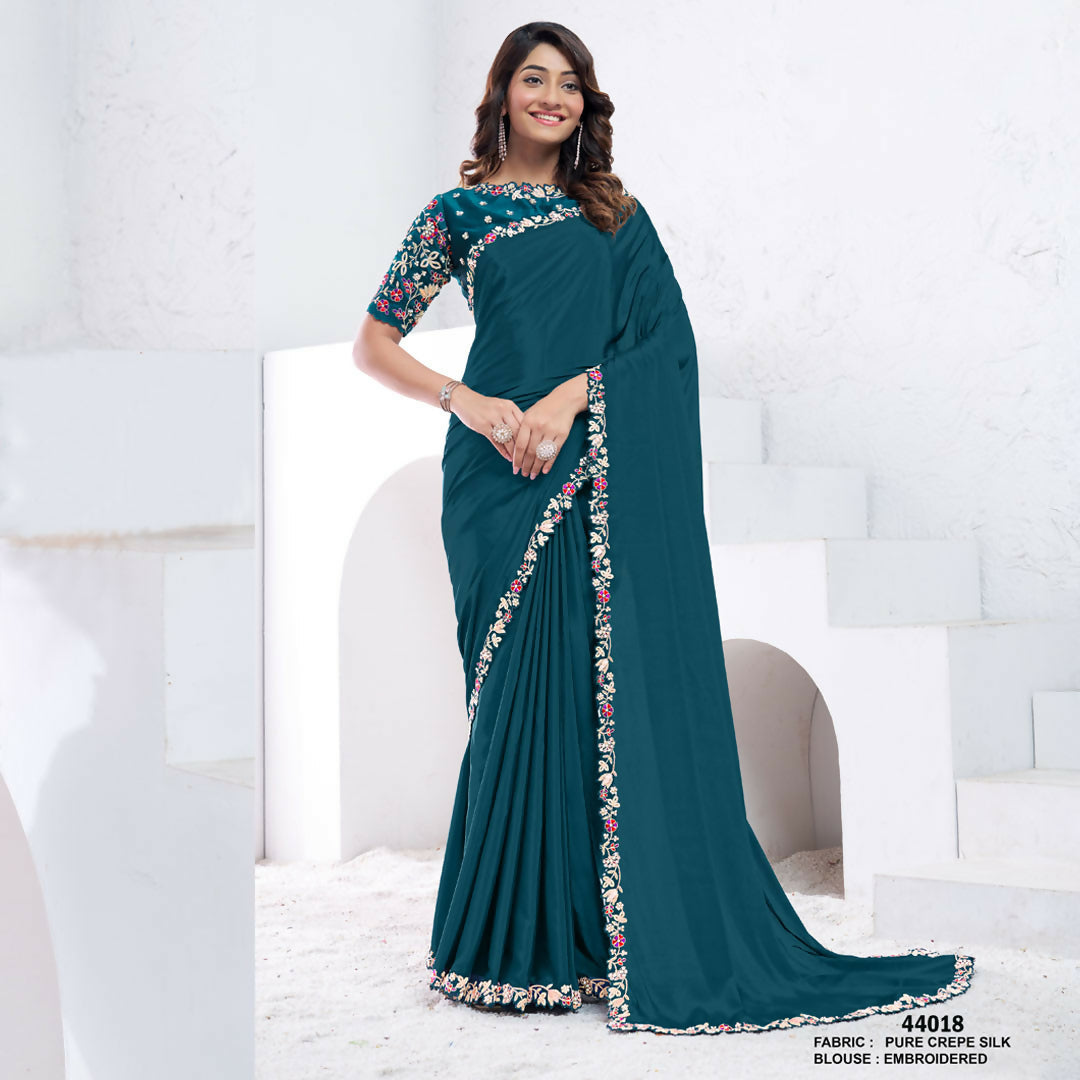 Teal Pure Crepe Silk Dual Sequence With Hand Work Saree With Unstitched Blouse - Norita Swaraa