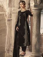 Jyoti Fashion Women's Brown Velvet Floral Resham Thread with Jari work Kurta with Trouser & Dupatta