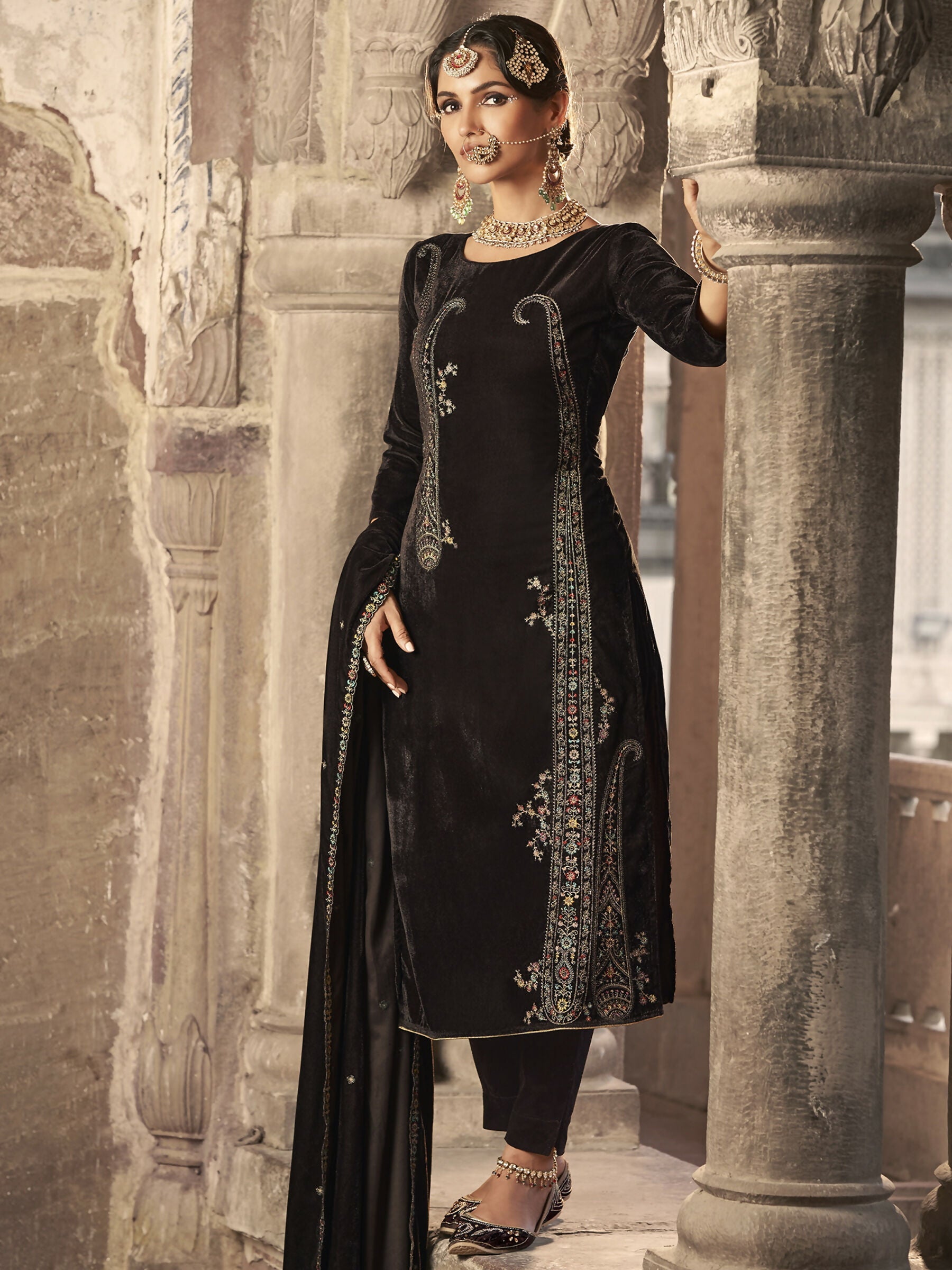 Jyoti Fashion Women's Brown Velvet Floral Resham Thread with Jari work Kurta with Trouser & Dupatta