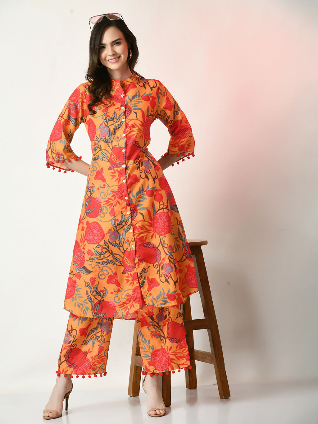 Myshka Women's Yellow Printed Kurta With Palazzos
