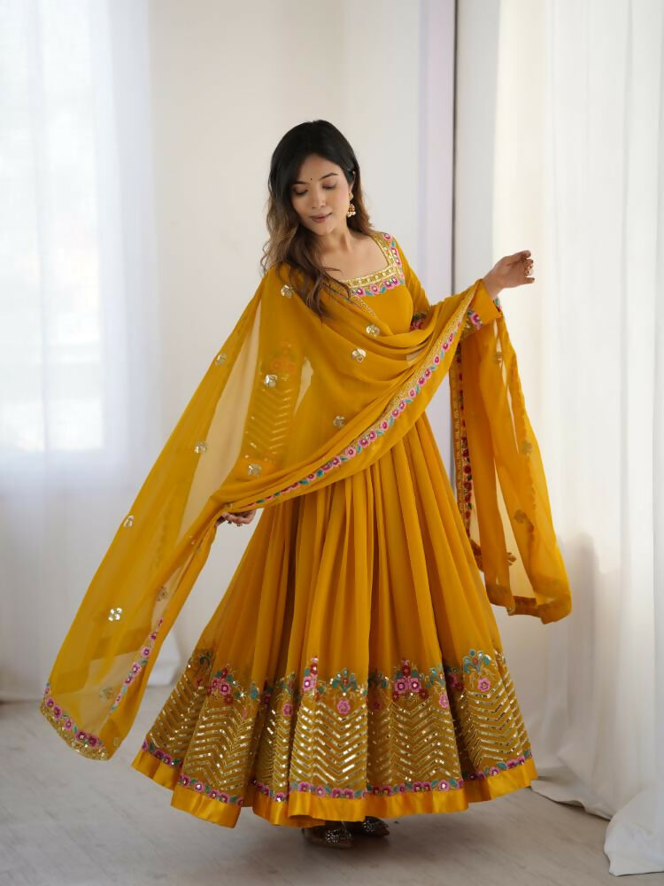 Joban Fashion Mustard Georgette Sequence Embroidery Work Readymade Kurta Set - Distacart