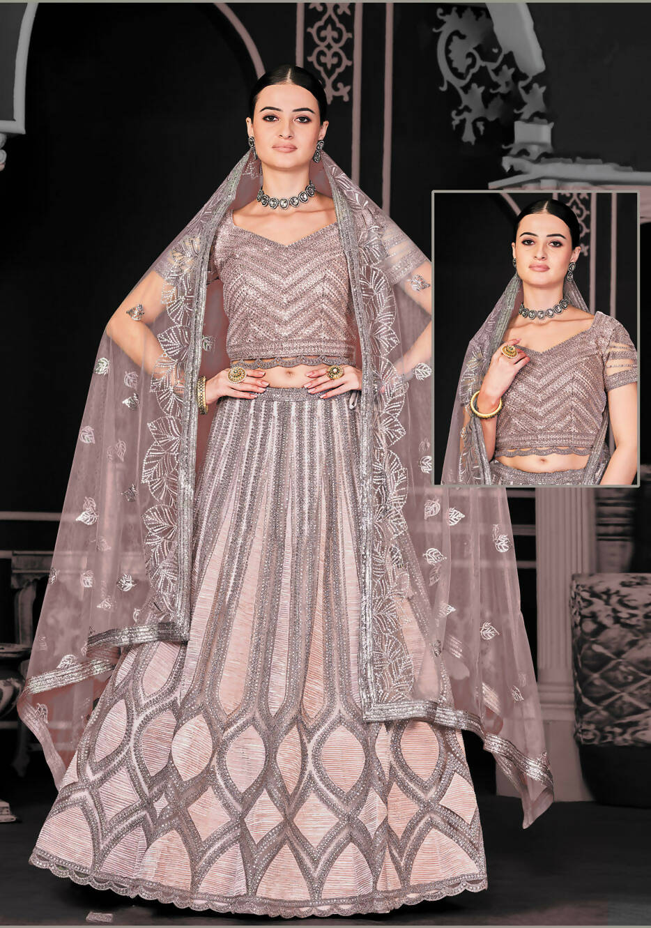 Light Brown Net Semi-Stitched Bridal Lehenga - Nimayaa Bonanza