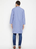 Even Apparels Blue Pure Cotton Long Men's Kurta With Band Collar - Distacart