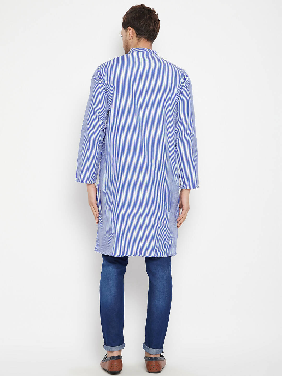 Even Apparels Blue Pure Cotton Long Men's Kurta With Band Collar - Distacart