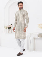 Joban Fashion Men's Rayon Cotton Cream Printed Kurta Pyjama set