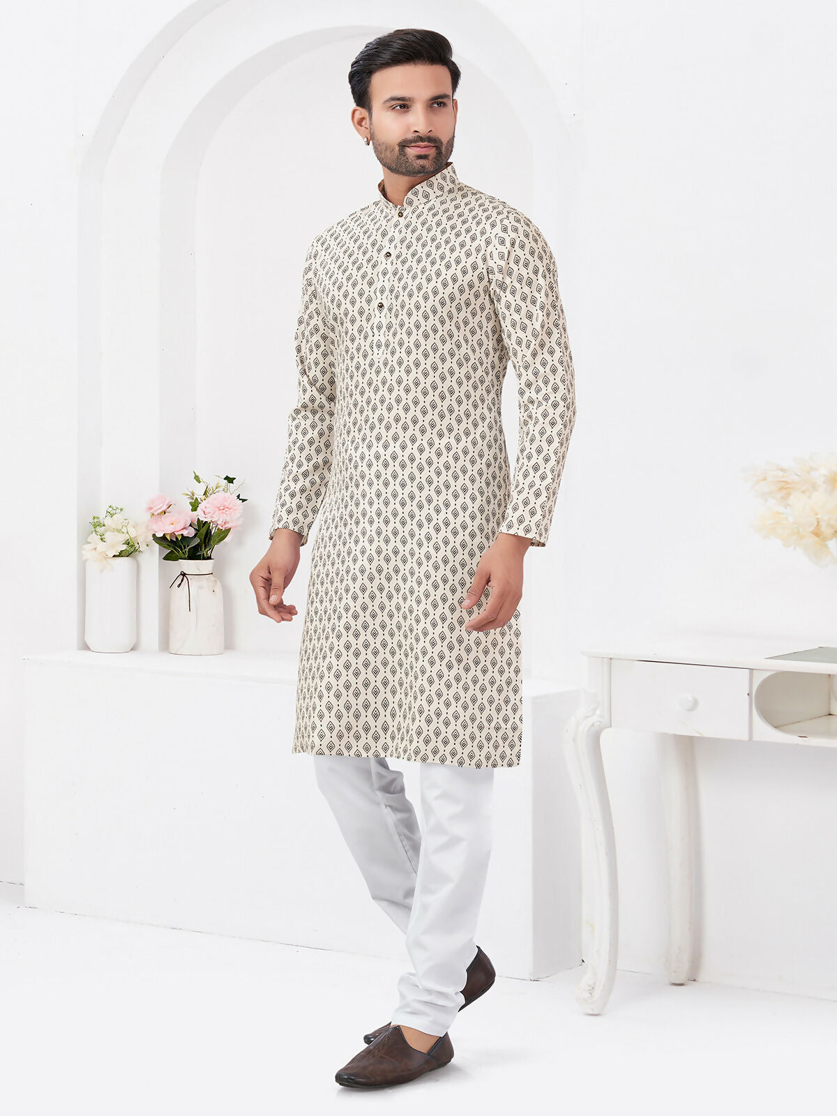 Joban Fashion Men's Rayon Cotton Cream Printed Kurta Pyjama set