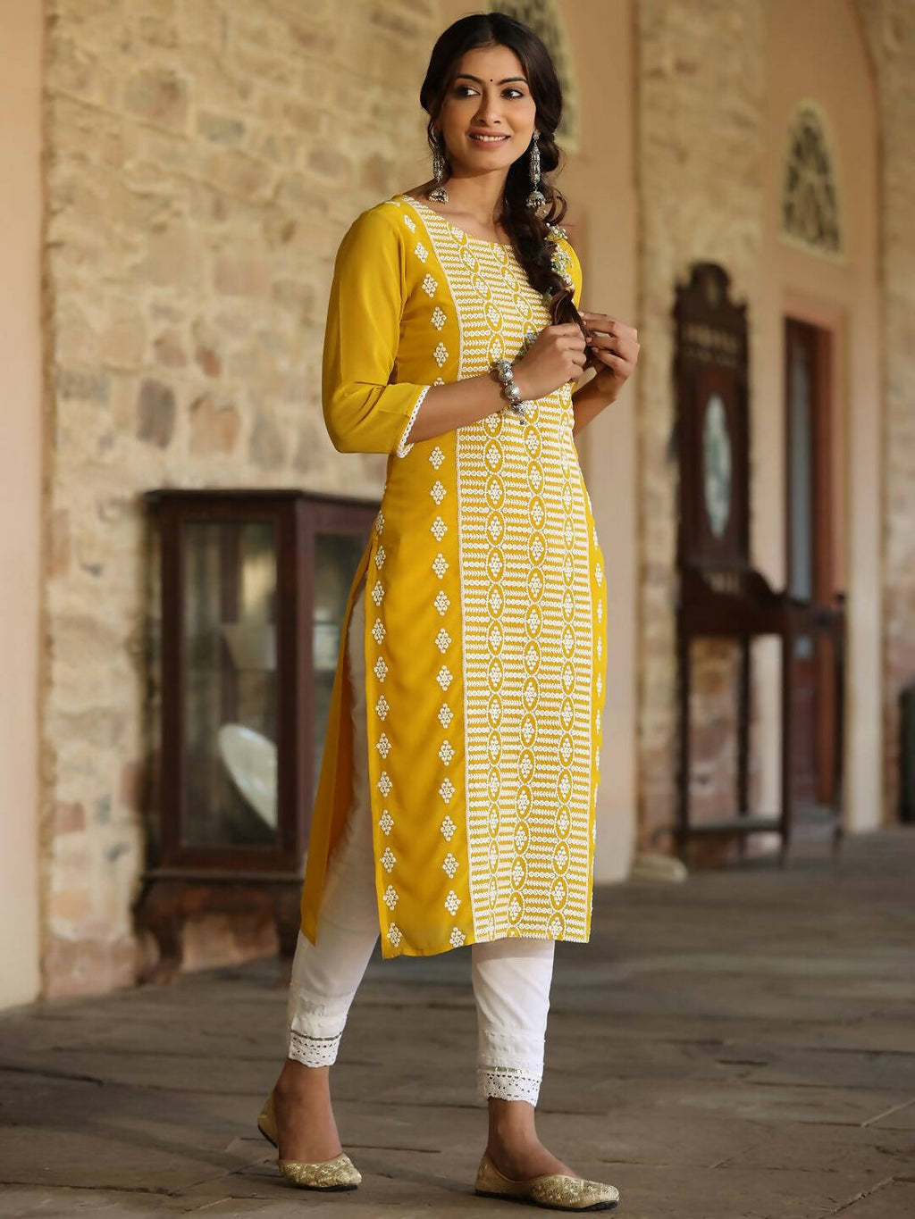 Juniper Women's Yellow Georgette Printed Kurta - Distacart