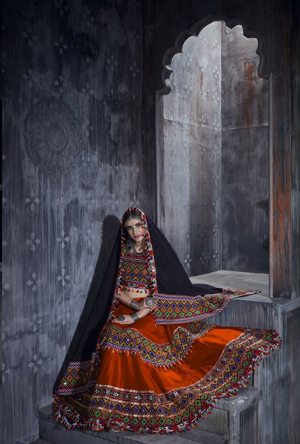 AI Fashion Orange Art Silk Designer Navratri Lehenga Choli Collection