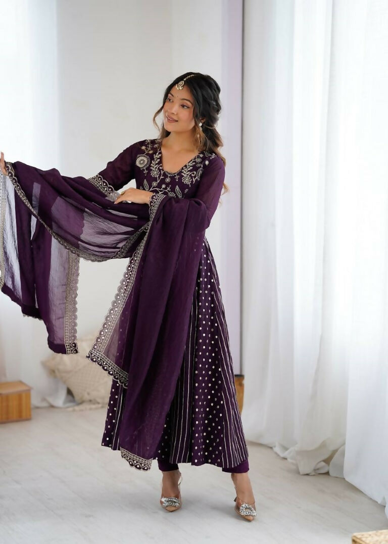 Teeya Creation Violet Color Heavy Crunchy Silk Embroidery Work Gown - Distacart