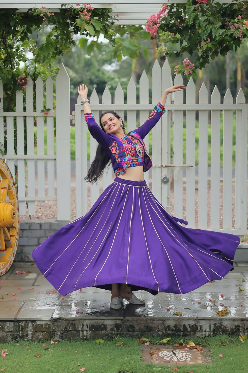 Teeya Creation Purple Colour Roman Silk With Gamathi Work Navratri Lehenga Choli
