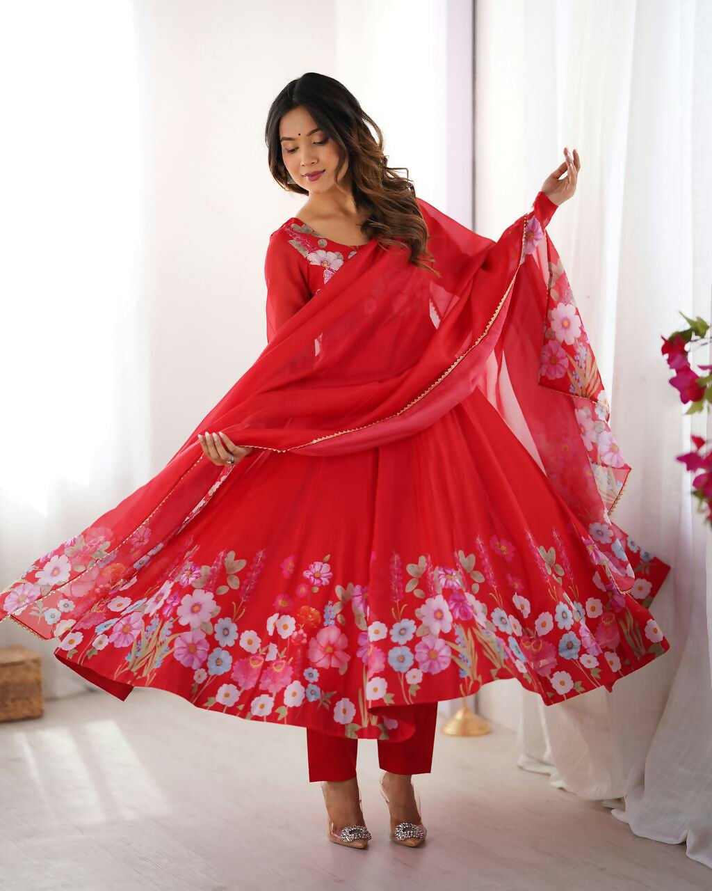The52 Women's Gorgeous Floral Printed Organza Silk Fabric Flared Anarkali Pant and Dupatta Set - Distacart