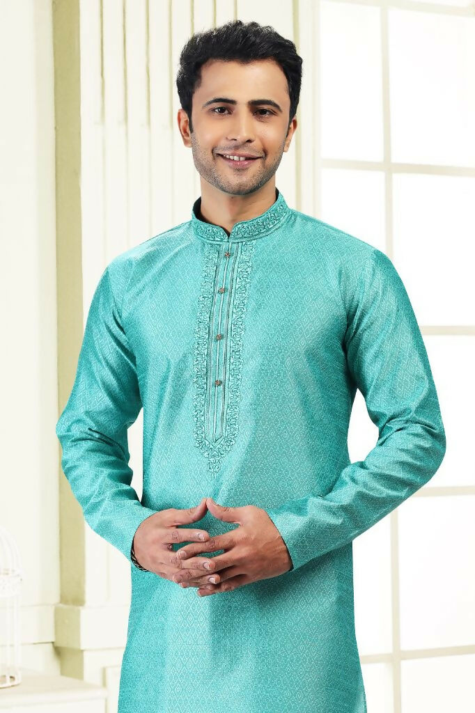 Raivat Ethnic Jacquard Banarasi Silk Thread Work Kurta Pajama In Teal Green Colour