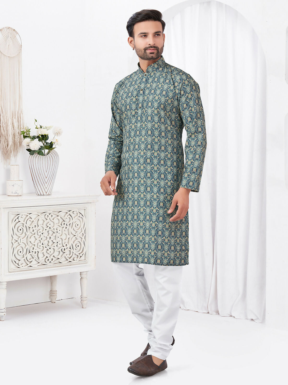 Joban Fashion Men's Rayon Cotton BLUE Printed Kurta Pyjama set