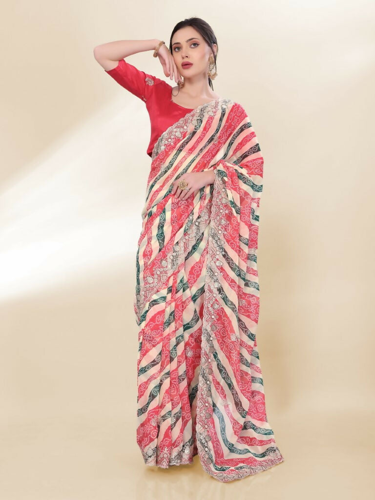 Off White Georgette Bandhani Printed,Embroidery Work Saree - Bandhan