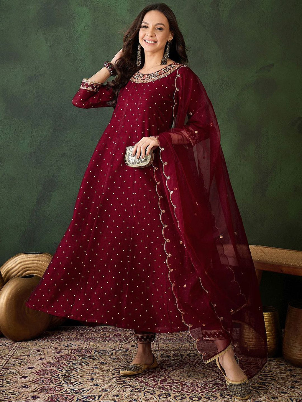 Sangria Geometric Printed Zari & Sequinned A-Line Kurta & Palazzo With Dupatta - Distacart