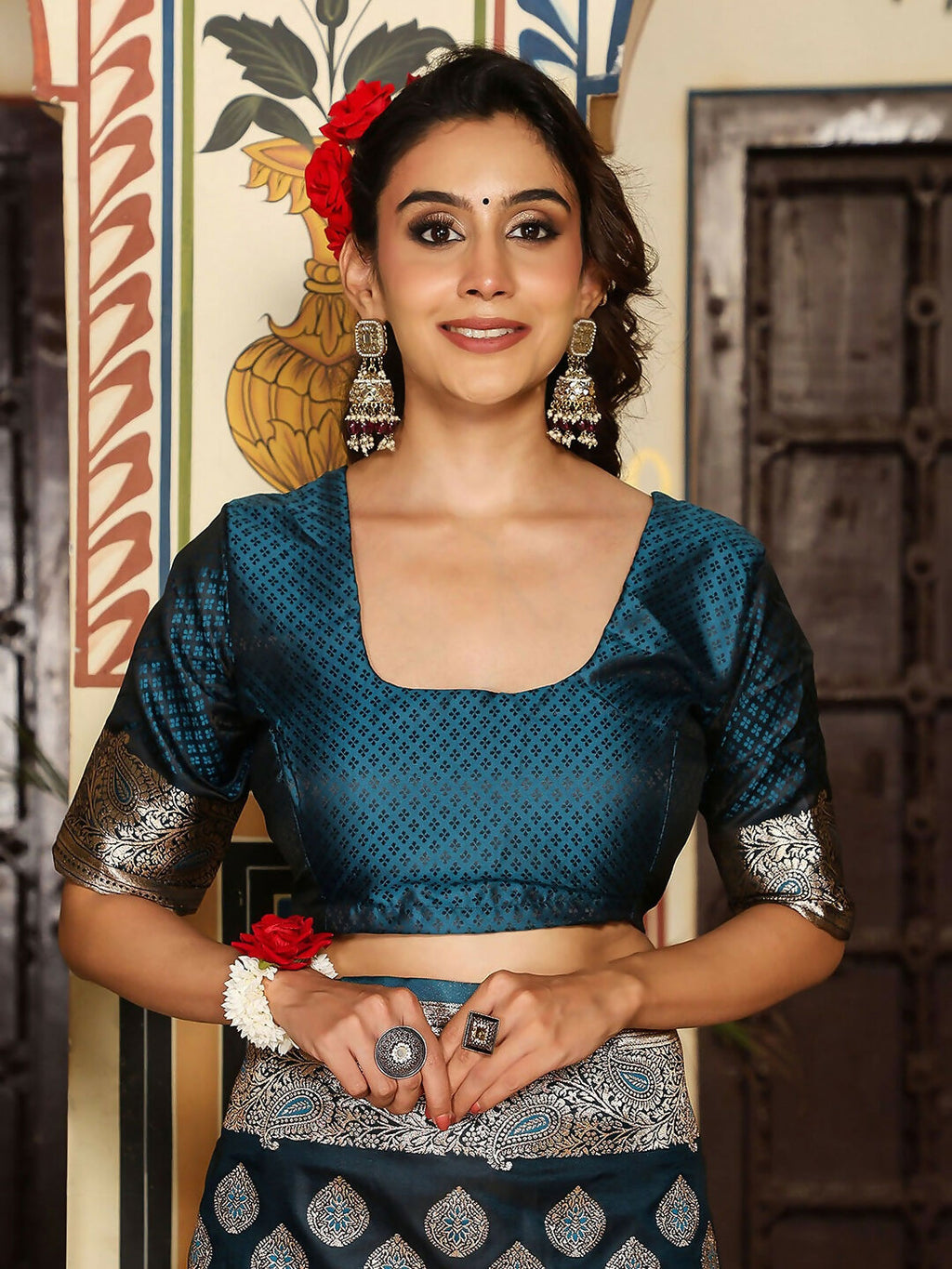 Shree Shyam Fashion Teal Silk Saree - Distacart