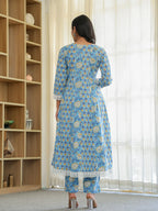 Yufta Pure Cotton Blue Anarkali Kurta Dupatta Set With Lacework