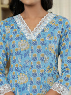 Yufta Pure Cotton Blue Anarkali Kurta Dupatta Set With Lacework