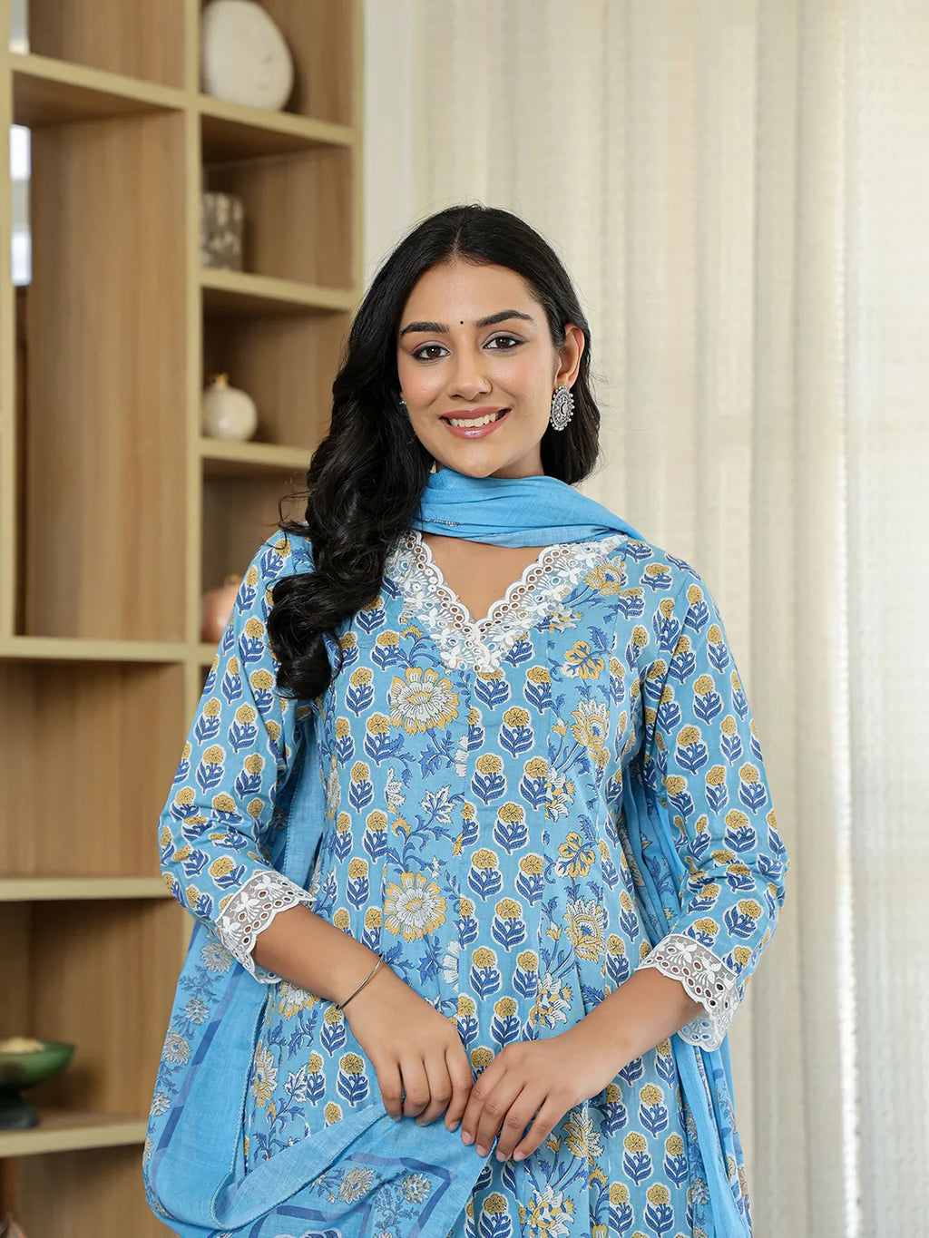 Yufta Pure Cotton Blue Anarkali Kurta Dupatta Set With Lacework