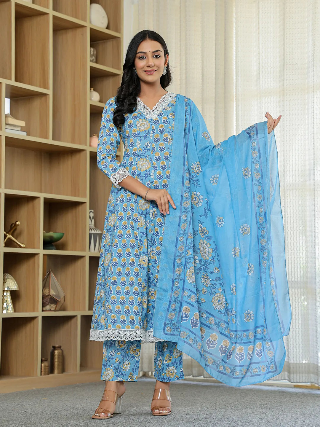Yufta Pure Cotton Blue Anarkali Kurta Dupatta Set With Lacework